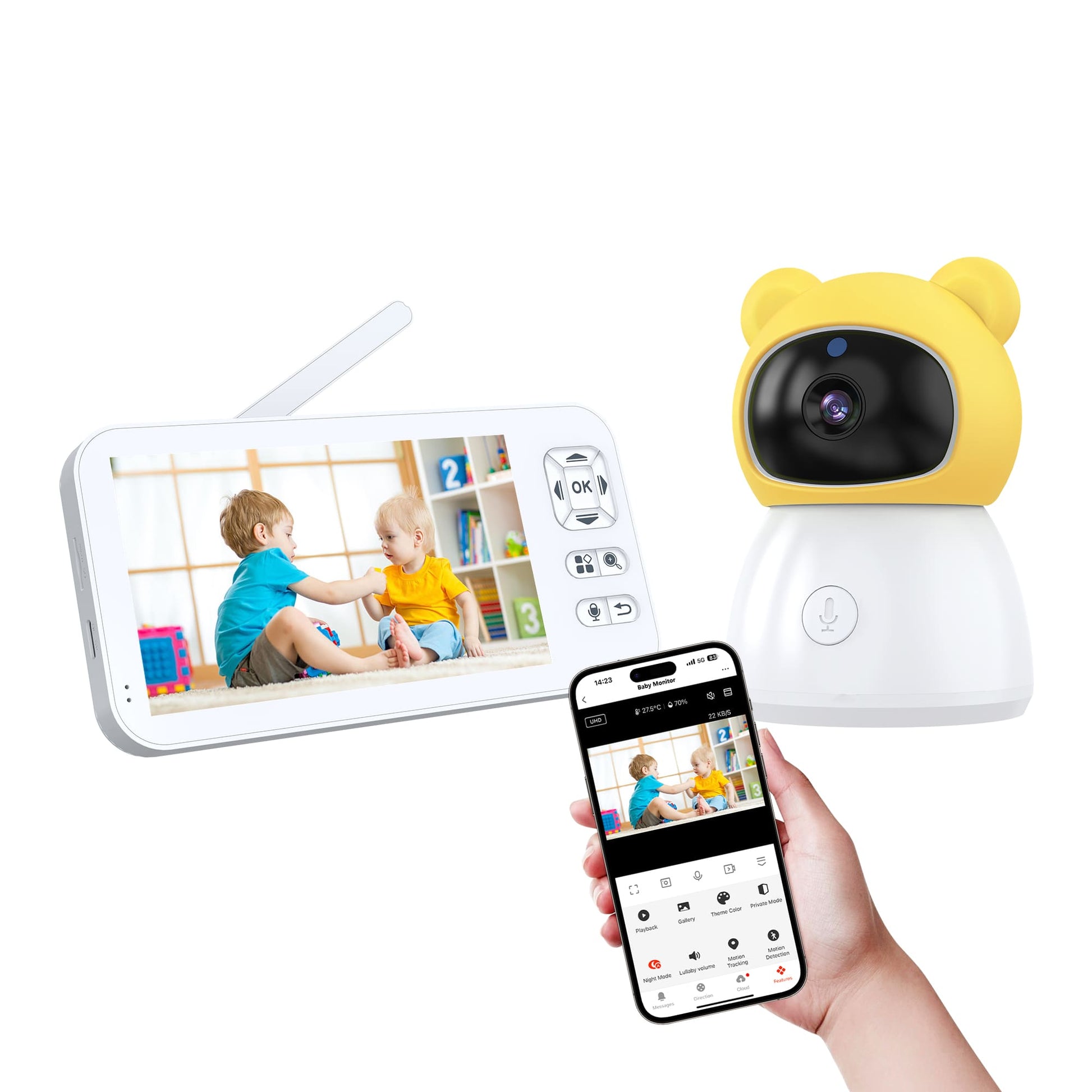 Dual Mode 5″ Baby Monitor with Night Vision & Motion Detection – Yellow - image 24