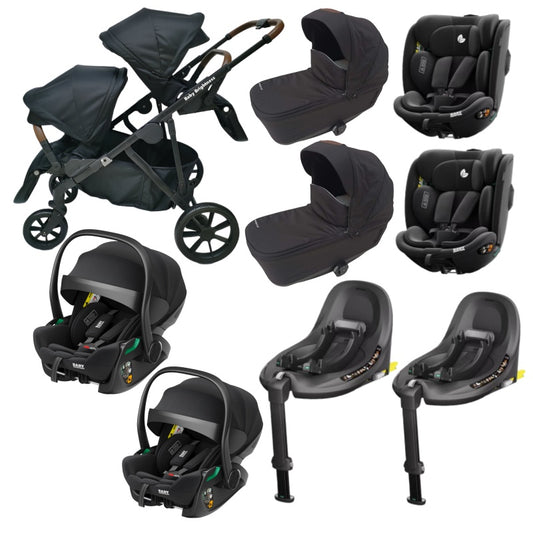 Pre-order Baby Brightness Luxe Double Pram with Twin Bassinets + Reclining Infant Capsules + 360 Car Seats and Rotating ISOFI