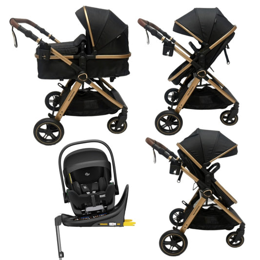 Skyra 2-in-1 Newborn Pram & Bassinet Stroller and Reclining Car Seat with Rotating ISOFIX Base(Black/Gold)