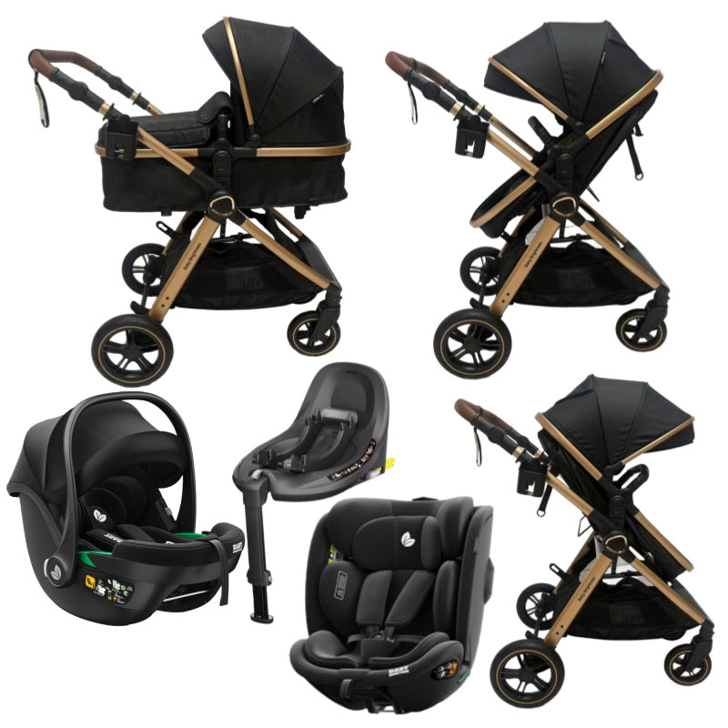 Skyra 2-in-1 Newborn Pram & Bassinet Stroller + infant capsule + 360 car seat with Rotating ISOFIX Base (Black/Gold)