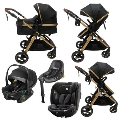 Skyra 2-in-1 Newborn Pram & Bassinet Stroller + Reclining infant capsule + 360 car seat with Rotating ISOFIX Base (Black/Gold)