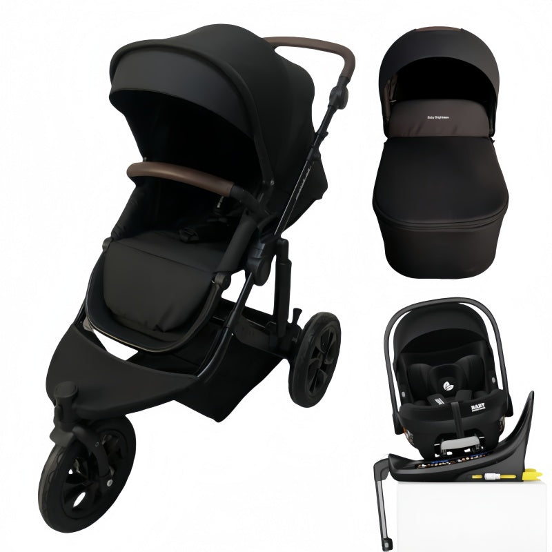 Pre-order Newborn Pram – EasyGo 1+ Three Wheel Stroller with Carrycot, Car Seat and Rotating ISOFIX Base (Black)