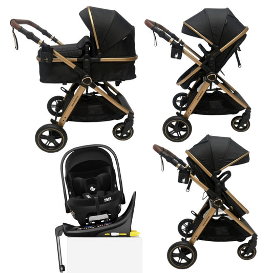 Skyra 2-in-1 Newborn Pram & Bassinet Stroller and Car Seat with Rotating ISOFIX Base (Black/Gold)