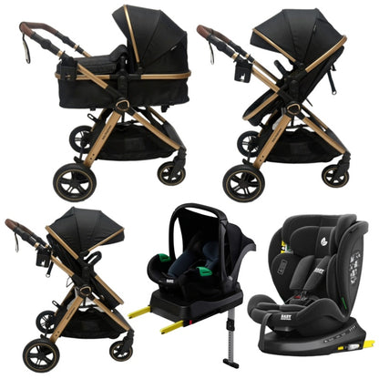 Pre-order Baby Brightness Newborn 4-in-1 Travel System with Bassinet, Capsule, ISOFIX Base & 360° Rotating Car Seat – Black/Gold