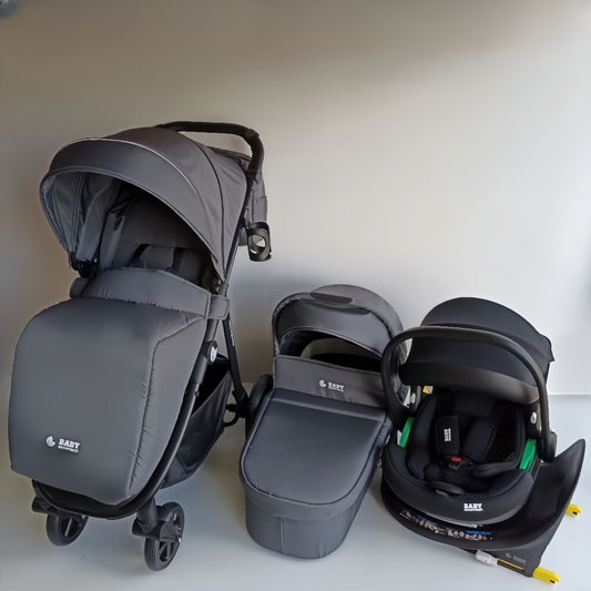 Pre-order Newborn Pram – Poplar Stroller with Carrycot, Car Seat and Rotating ISOFIX Base (Grey)