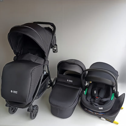 Pre-order Newborn Pram – Poplar Stroller with Carrycot, Car Seat and Rotating ISOFIX Base (Black)