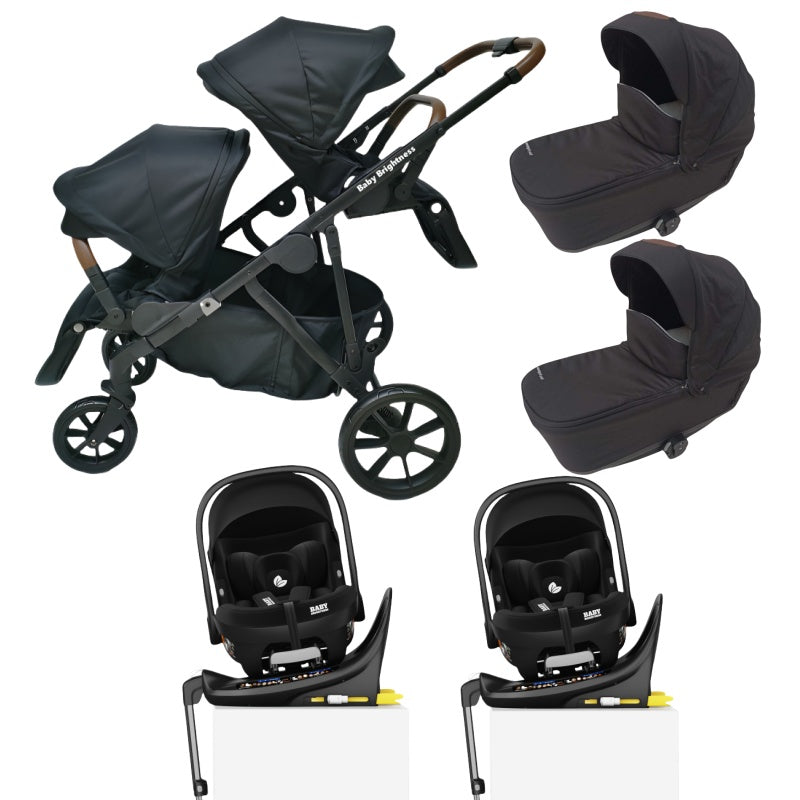 Pre-order Baby Brightness Luxe Double Pram with Twin Bassinets & i-Size Infant Car Seats