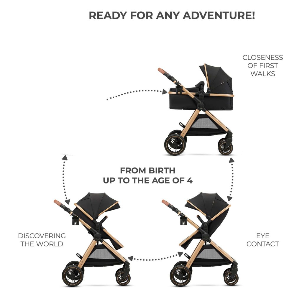 Newborn pram with reversible seat modes for closeness and world discovery, suitable from birth up to the age of 4.