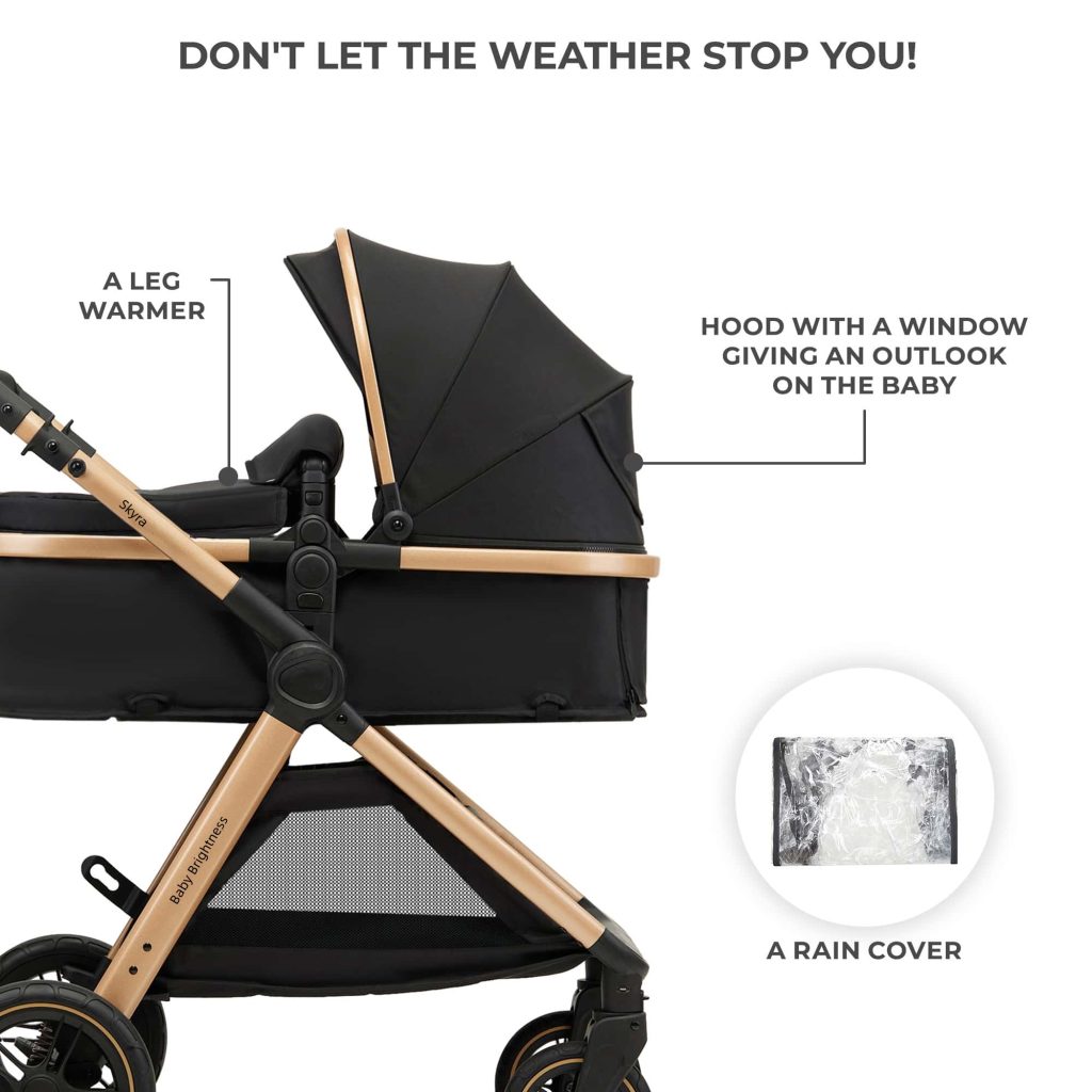 Baby Brightness newborn pram: All-weather system featuring a leg warmer, rain cover, and protective hood with a viewing window.